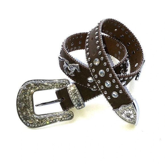 Girls Nocona Brown Leather Rhinestone Belt - Picture 1 of 7